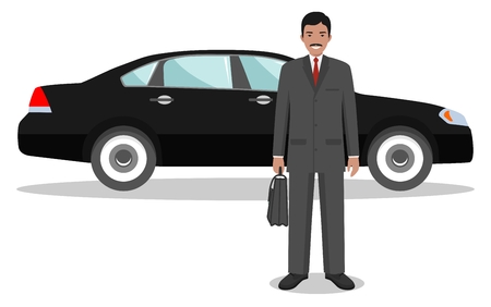 Detailed illustration of automobile and businessman on white background in flat style.のイラスト素材