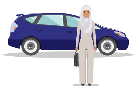 Detailed illustration of automobile and saudi arabic businesswoman on white background in flat style.のイラスト素材