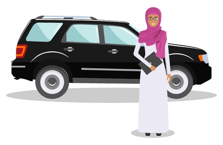 Detailed illustration of automobile and saudi arabic businesswoman on white background in flat style.のイラスト素材