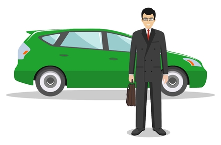 Detailed illustration of automobile and asian businessman on white background in flat style.のイラスト素材