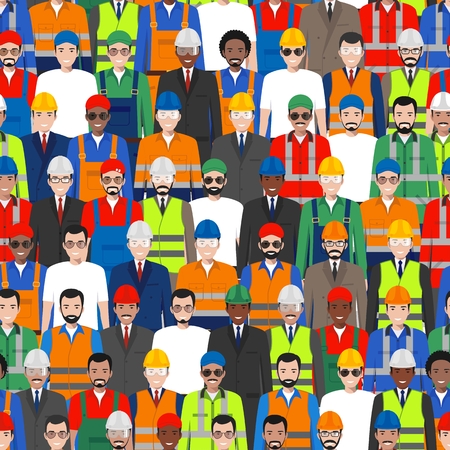 Vector seamless pattern group of working people standing together. Different nationalities and dress styles. Cute and simple in flat style. Illustration of society members. Design people characters.のイラスト素材