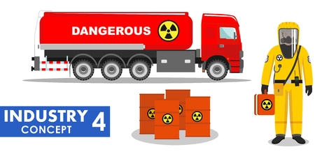 Industry concept. Detailed illustration of cistern truck carrying chemical, radioactive, toxic, hazardous substances and worker in protective suit on white background in flat style. Vector illustration.のイラスト素材