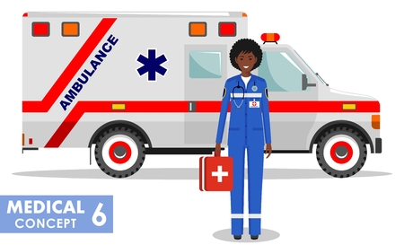 Medical concept. Detailed illustration of african american emergency doctor woman and ambulance car in flat style on white background. Vector illustration.の写真素材