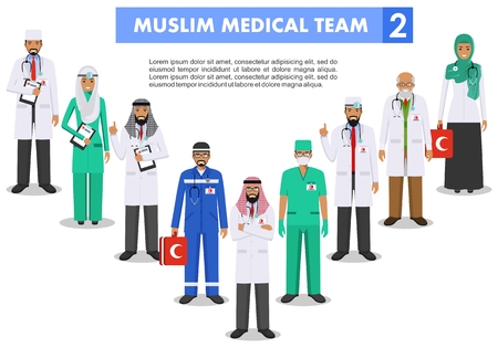 Medical concept. Detailed illustration of muslim arabian doctor and nurses in flat style isolated on white background. Practitioner arabic doctors man and woman standing. Vector illustration.のイラスト素材