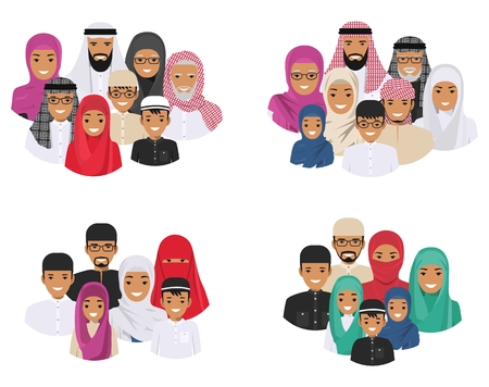 Family concept. Arab people generations at different ages. Muslim father, mother, grandmother, grandfather, son and daughter in traditional islamic clothes. Different man characters avatars icons set.のイラスト素材