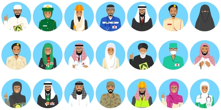 Different muslim Middle East people professions occupation characters avatars icons set in flat style isolated on blue background. Differences islamic saudi arabic persons smiling faces. Vector illustration.の写真素材