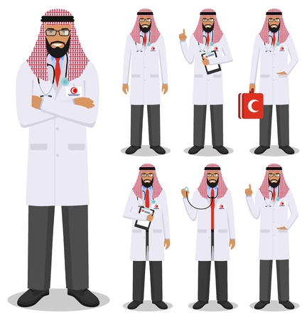 Detailed illustration of muslim arabic medical people standing in different positions in flat style on white background.のイラスト素材