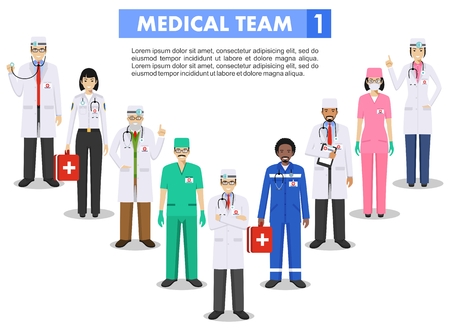 Medical concept. Detailed illustration of doctor and nurses in flat style isolated on white background. Practitioner doctors man and woman standing in different positions. Vector illustration.のイラスト素材