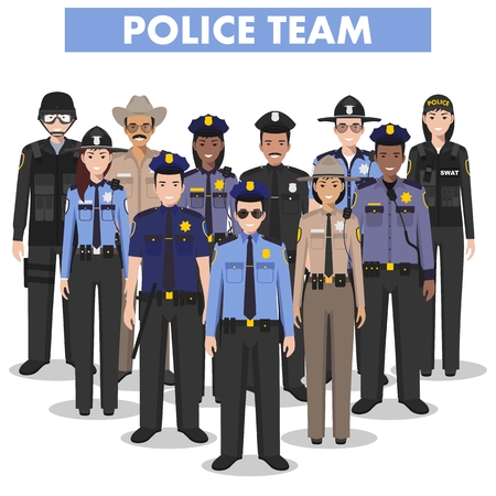 Police people concept. Detailed illustration of SWAT officer, policeman, policewoman and sheriff in flat style on white background. Vector illustration.のイラスト素材