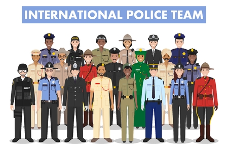 International police people concept. Detailed illustration of SWAT officer, policeman, policewoman and sheriff in flat style on white background. Vector illustration.のイラスト素材