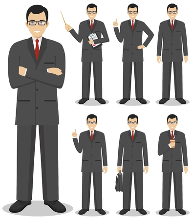 Business concept. Detailed illustration of american european businessman standing in different positions in flat style isolated on white background. Vector illustration.のイラスト素材