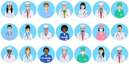 Medical concept. Set of colorful medical staff people in flat style icons: doctors and nurses. Vector illustration.のイラスト素材