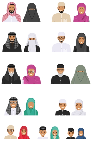 All age group of arab man family. Generations man. Arab people father, mother, grandmother, grandfather, son and daughter in traditional islamic clothes. Social concept. Family concept. Vector illustration.のイラスト素材