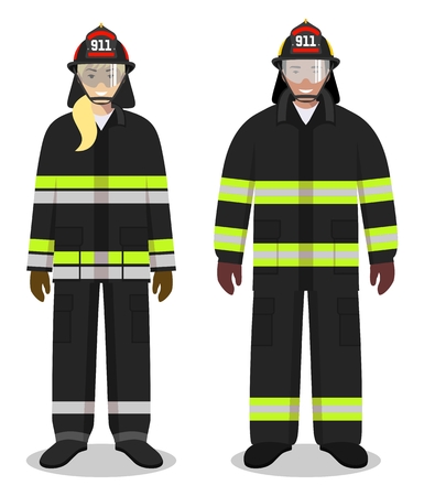 Couple of firefighter people isolated on white background. Set of fireman and firewoman standing together. Cute and simple in flat style.のイラスト素材