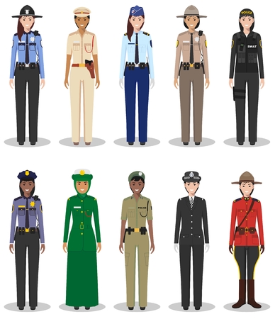 Detailed illustrations of police different countries in a flat style on a white background.のイラスト素材