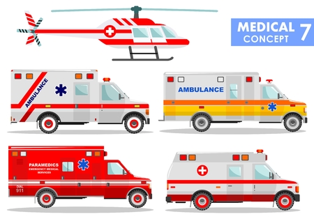 Detailed illustration of medical cars and helicopter in flat style on white background.のイラスト素材