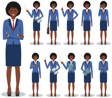 Business concept. Detailed illustration of african american businesswoman standing in different positions.のイラスト素材