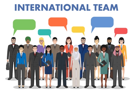Group of business men and women standing together and speech bubble in flat style. Business team and teamwork concept.のイラスト素材