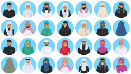 Different muslim arab people characters avatars icons set in flat style isolated on blue background.のイラスト素材