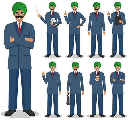 Business concept. Detailed illustration of indian businessman standing in different positions in flat style isolated on white background. Vector illustration.のイラスト素材