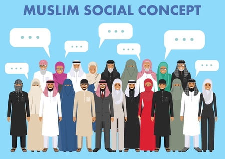 Family and social concept. Arab person generations at different ages. Group adults and senior muslim people standing together and speech bubble in different traditional islamic clothes n flat style.のイラスト素材