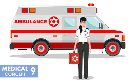 Medical concept. Detailed illustration of Jewish emergency doctor woman and ambulance car in flat style on white background.のイラスト素材