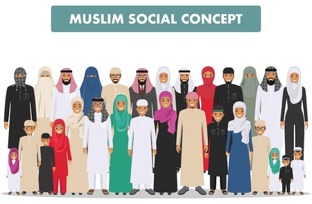 Family and social concept. Arab person generations at different ages. Group young and adults Muslim people standing together in different traditional Islamic clothes.のイラスト素材