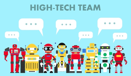 Group of different abstract robots standing together and speech bubble on blue background in flat style. High-tech team concept.のイラスト素材