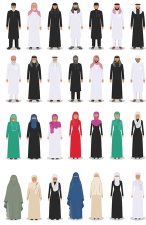 Set of different standing arab adult and old people in the traditional muslim arabic clothing isolated on white background in flat style. Vector illustration.のイラスト素材