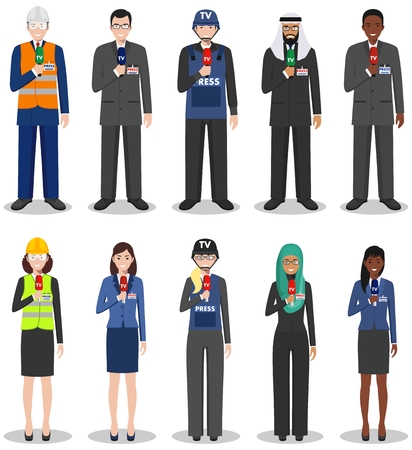 Journalistic concept. Set of different detailed illustration of reporters and journalists in flat style on white background. Different nationalities and dress styles. Vector illustration.のイラスト素材