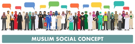 Social concept. Large group muslim arabic people professions occupation standing together in row and speech bubble in different suit and traditional clothes on white background in flat style. Vector.のイラスト素材