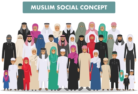 Family and social concept. Arab person generations at different ages. Group young and old muslim people standing together in different traditional islamic clothes on white background in flat style.のイラスト素材