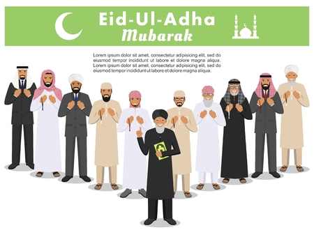 Muslim holiday Eid al-Adha. Feast of the Sacrifice. Different standing praying arabic people and mullah in traditional arabian clothes. Mufti with quran. Islamic men with beads in hands pray. Vector.の写真素材