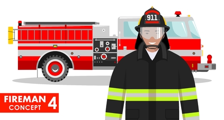 Fireman concept. Detailed illustration of firefighter and fire truck in flat style on white background. Vector illustration.のイラスト素材