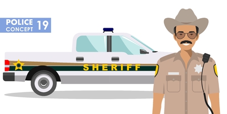 Detailed illustration of police car and police officer in flat styleのイラスト素材