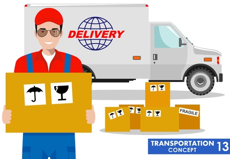 Transportation concept. Detailed illustration of delivery truck and driver, deliveryman hold the box on white background in flat style. Vector illustration.のイラスト素材