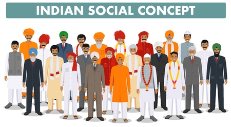 Family and social concept. Group young and senior indian people standing together in different traditional clothes on white background in flat style. Vector illustration.のイラスト素材