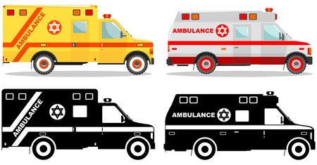 Medical concept. Different kind jewish car ambulances isolated on white background in flat style: colored and black silhouette. Vector illustration.のイラスト素材