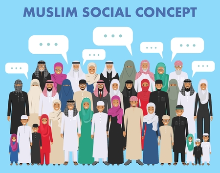 Family and social concept. Arab person generations at different ages. Group young and old muslim people standing together in different traditional islamic clothes on white background in flat style.のイラスト素材