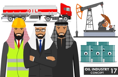 Oil industry concept. Detailed illustration of gasoline truck, oil pump, barrels and arab muslim businessman in flat style on white background. Vector illustration.のイラスト素材