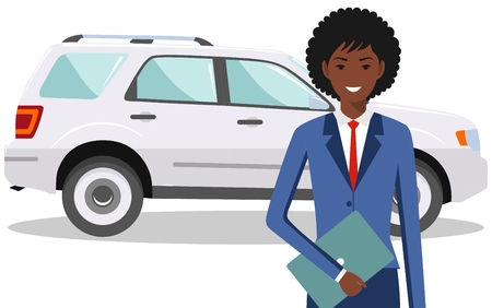 African american businesswoman standing near the car on white background in flat style. Business concept. Detailed illustration of automobile and woman. Flat design people character. Vector.のイラスト素材