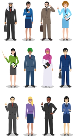 Business team and teamwork concept. Set of detailed illustration of businessmen and businesswomen standing in different positions in flat style on white background. Diverse nationalities and dress styles. Vector illustration.のイラスト素材