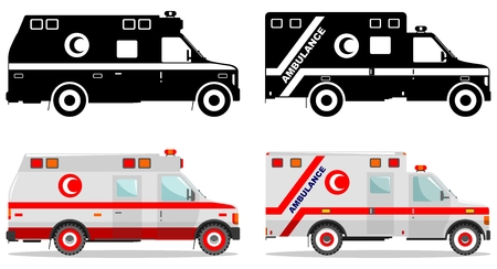 Medical concept. Different kind muslim car ambulances isolated on white background in flat style: colored and black silhouette. Vector illustration.のイラスト素材