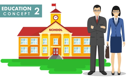 Education concept. Detailed illustration of a school building, male and female teacher in flat style on white background. Vector illustration.のイラスト素材