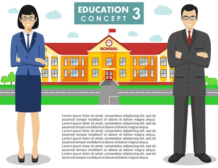 Education concept. Detailed illustration of a school building, male and female teacher in flat style on white background.のイラスト素材