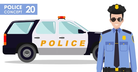 Police concept. Detailed illustration of policeman and car in flat style on white background. Vector illustration.のイラスト素材