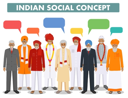 Social concept. Group indian senior people and speech bubbles standing together in different traditional national clothes on white background in flat style. Vector illustration.のイラスト素材