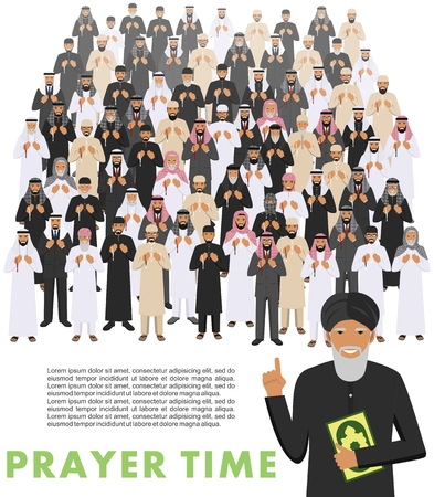 Prayer time. Different standing praying muslim arabic people and mullah in traditional arabian clothes. Mufti with quran. Islamic men with beads in hands pray. Silhouette of a mosque and minarets.のイラスト素材