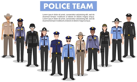 Police people concept. Detailed illustration of SWAT officer, policeman, policewoman and sheriff in flat style on white background. Vector illustration.のイラスト素材