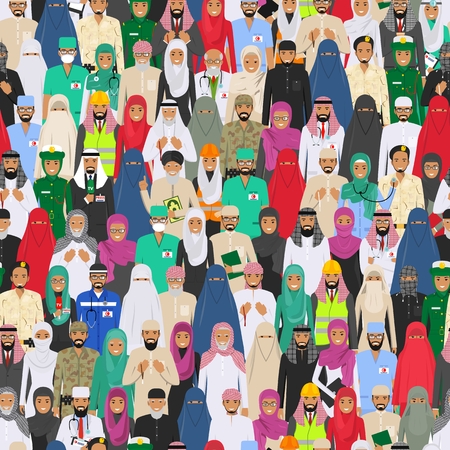 Social Muslim concept in different dress styles. Cute and simple in flat style. Illustration of society members. Design people characters in different professions vector seamless patternのイラスト素材
